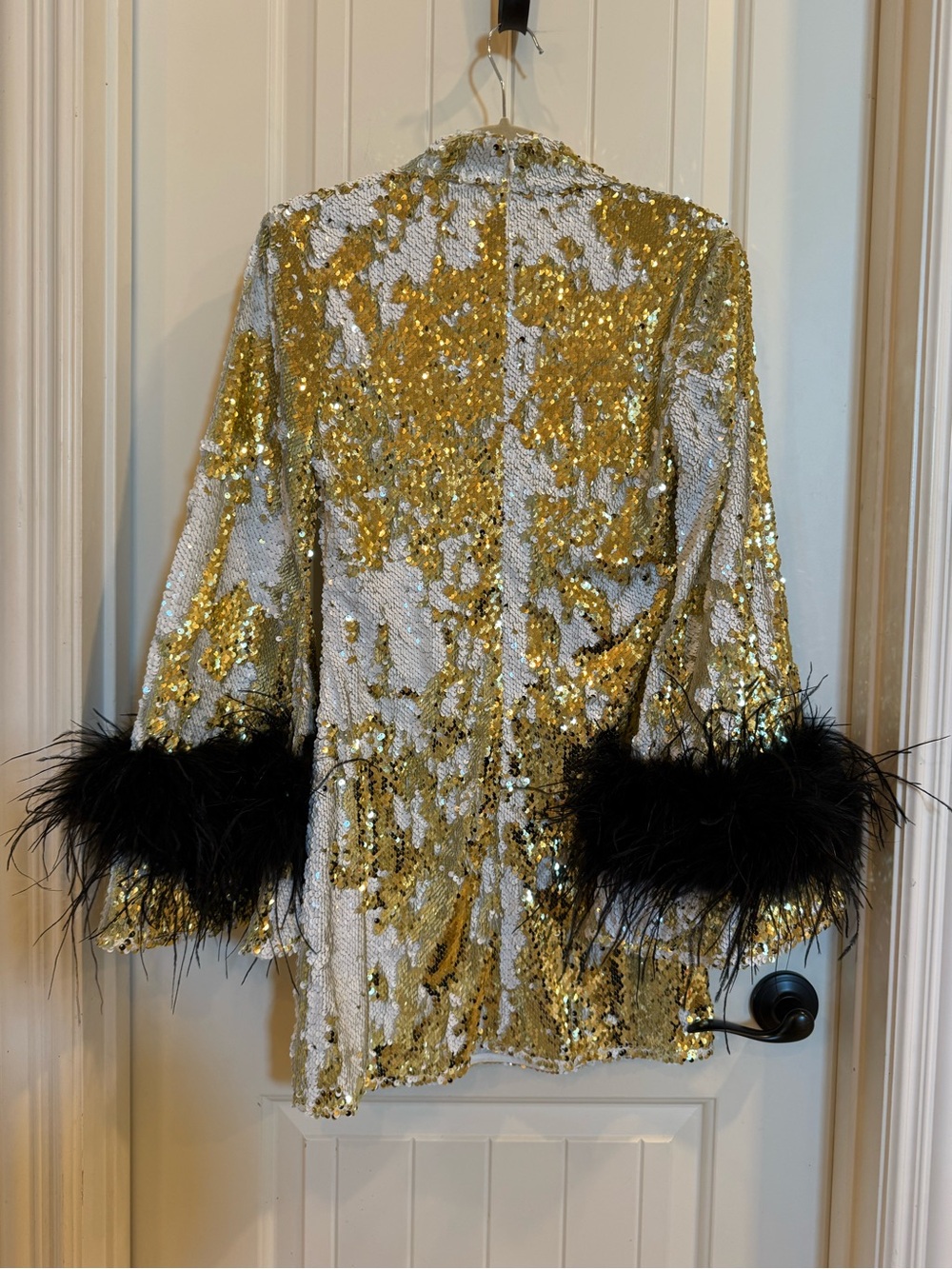 Anthropologie Gold Sequin Mini Dress with Black Feather Cuffs - Picture 3 of 4